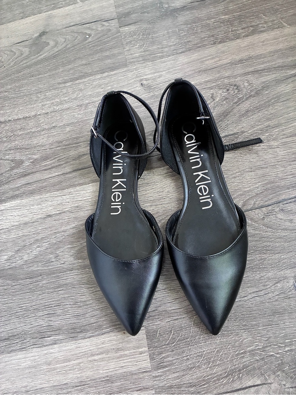 Calvin Klein Black Pointed D'Orsay Ankle-Strap Flats